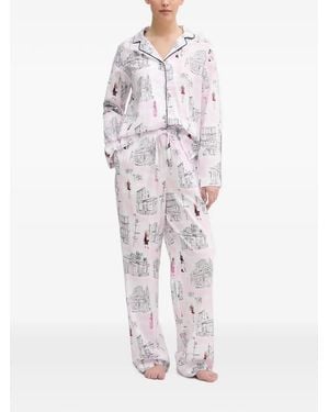 DKNY Illustration-Print Piped-Trim Pajama Set - White