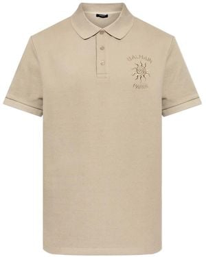 Balmain Sun-Embroidered Piqué Polo Shirt - Natural