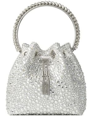 Jimmy Choo Bon Bon Crystal-Embellished Circle-Handle Bucket Bag - White