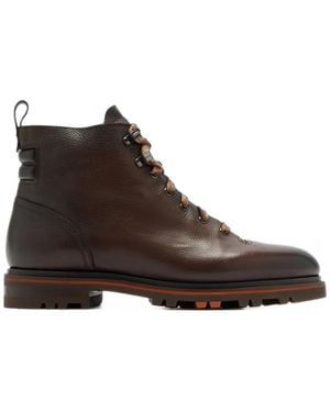 Santoni Lace-Up Leather Ankle Boots - Brown