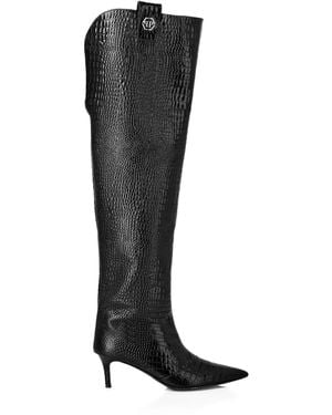 Philipp Plein Leather Stiletto-Heel Over-The-Knee Boots - Black
