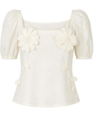 FARM Rio Flower-Appliqué Puff-Sleeve Blouse - White
