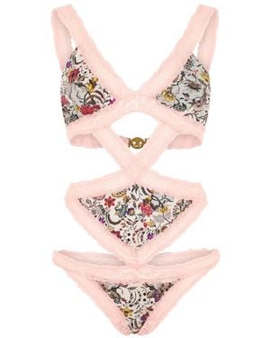 Roberto Cavalli Floral-Print Lace-Trim Swimsuit - Pink
