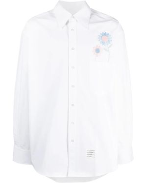 Thom Browne Madras Flower Patch-Embroidered Cotton Shirt - White