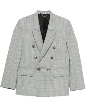 Victoria Beckham Check Wool Double-Breasted Tailored Jacket - Grey