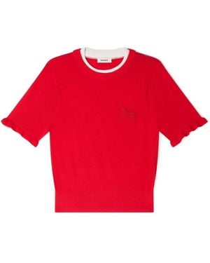 Sandro Contrast-Collar Horse Top - Red