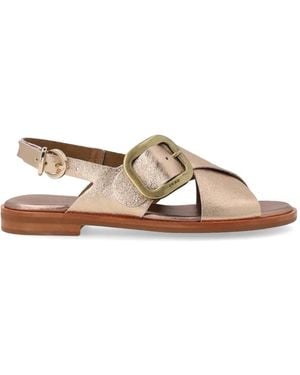 Frau Buckled Laminated-Finish Sandals - Brown