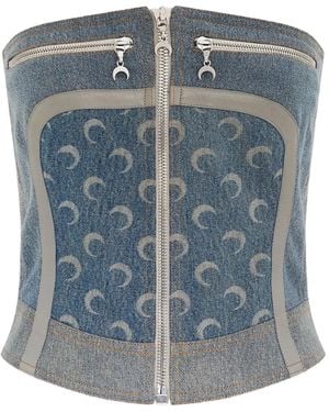 Marine Serre Regenerated Denim Zip-Up Bustier Top - Blue