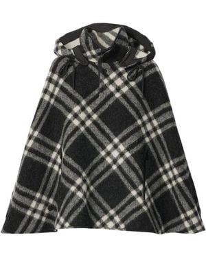 Burberry Check Hooded Wool Poncho - Black