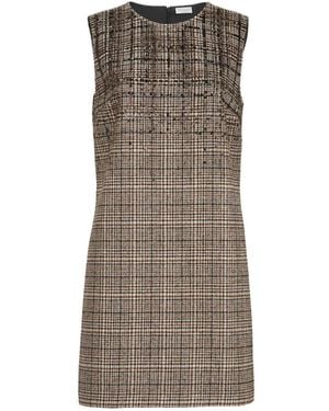 Brunello Cucinelli Checked Alpaca And Wool Mini Dress With Dazzling Degradé-Embroidery - Brown