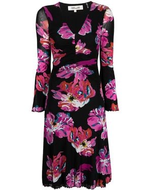 Diane von Furstenberg Painted Blossom-Print Midi Dress - Black