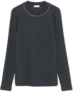 Peserico Embellished-Neck Long-Sleeve Top - Grey