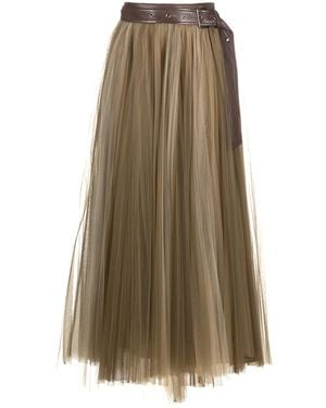 Brunello Cucinelli Pleated Tulle-Overlay Skirt - Natural