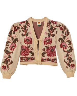 FARM Rio Floral Puff-Sleeve Cardigan - Natural