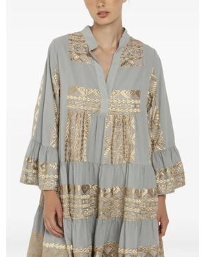 Greek Archaic Kori Embroidered Tiered Dress - Grey