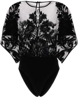 Norma Kamali Floral-Lace Draped-Sleeve Top - Black
