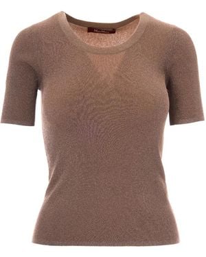 Max Mara Ribbed-Knit Metallic-Thread T-Shirt - Brown