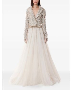 Dina Melwani Embroidered Tulle Maxi Dress - White