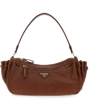 Prada Small Logo-Plaque Gathered Tote Bag - Brown