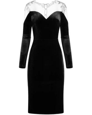 IMROSKA 26 Leaves Velvet V-Neck Midi Dress - Black
