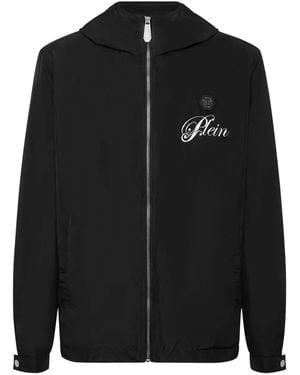 Philipp Plein Hooded Logo-Print Windbreaker - Black