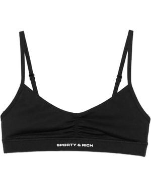 Sporty & Rich Logo-Print Ruched Sports Bra - Black