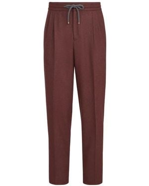 Brunello Cucinelli Virgin Wool And Cashmere Flannel Trousers With Drawstring And Double Pleats - Purple