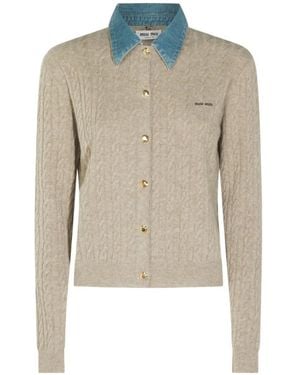 Miu Miu Denim-Collar Cable-Knit Cardigan - Natural