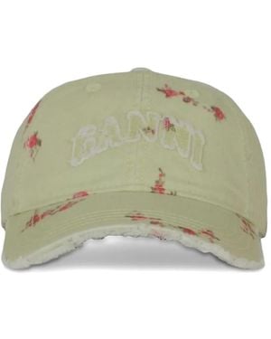 Ganni Floral-Print Distressed Baseball Cap - Green