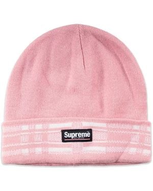 Supreme Plaid-Cuff Beanie Hat - Pink