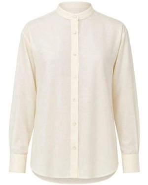 120% Lino Chemise À Col Mao Et À Texture Flammée - White