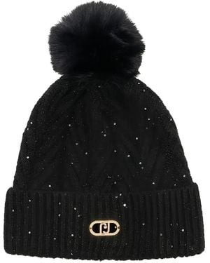 Liu Jo Pompom Sequin Beanie Hat - Black