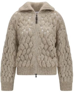 Brunello Cucinelli Dazzling Zigzag Cables Chunky-Knit Cardigan - Natural