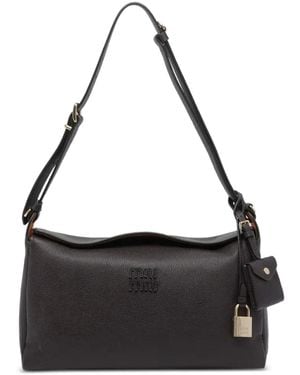 Miu Miu Logo Lettering Padlock Detail Leather Shoulder Bag - Black