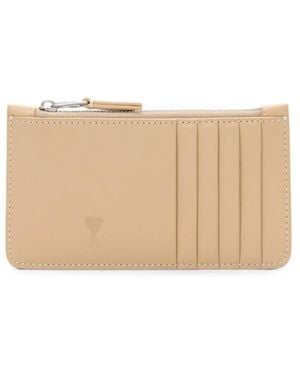 Ami Paris Zipped Cowhide Leather Card Holder With Ami De Coeur - Natural