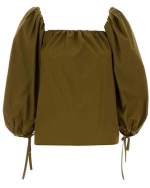 Saint Laurent Puff-Sleeve Square-Neck Blouse - Green