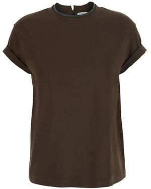 Brunello Cucinelli Monili-Trim Rolled-Cuff T-Shirt - Brown