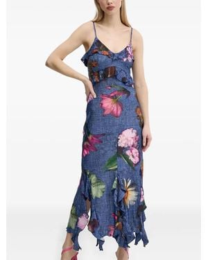 Desigual Ruffled Floral-Print Asymmetrical-Hem Dress - Blue