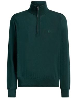 Etro Wool And Silk Sweater With Zip And Pegaso-Embroidery - Green