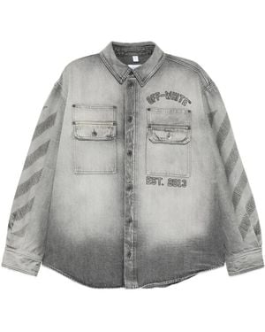 Off-White c/o Virgil Abloh Diagonals-Print Embroidered Denim Military Jacket - Grey
