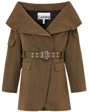 Ganni Veste Ceinturée À Col Ample - Green