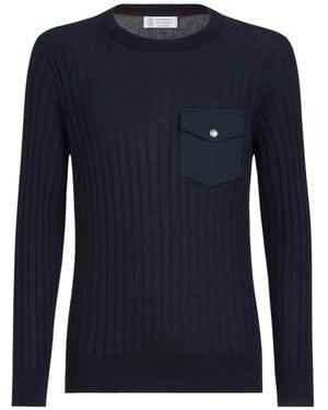 Brunello Cucinelli Cashmere And Silk Ribbed Jumper With Chest Pocket - Blue