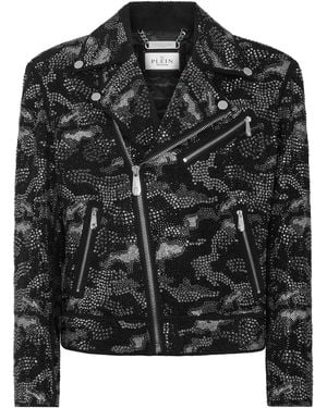 Philipp Plein Strass Leather Biker Jacket Camouflage - Black
