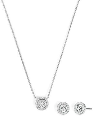 Michael Kors Set De Pendientes Y Collar Fulton Bañado En Plata De Ley Con Logo En Pavé - Metálico