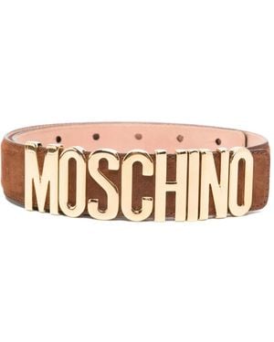Moschino Suede-Textured Belt With-Tone Logo Buckle - Brown