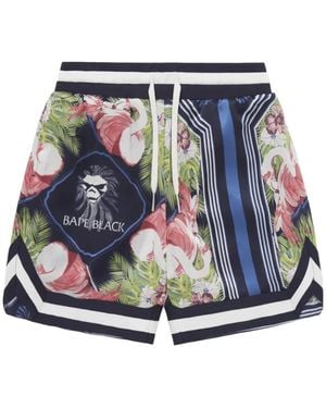 A Bathing Ape Label Silk Shorts - Blue