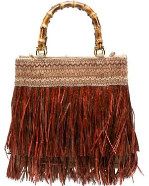 La Milanesa Medium Calla Fringe Bamboo Handle Tote Bag - Brown