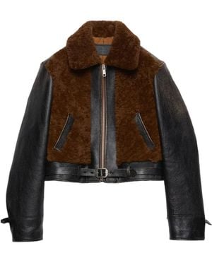 Prada Lederjacke Mit Shearling-Einsatz - Braun