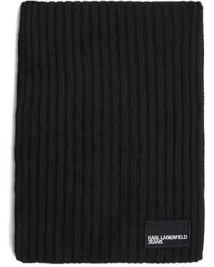Karl Lagerfeld Ribbed Logo-Patch Scarf - Black