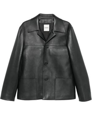 Sandro Button-Up Leather Jacket - Black
